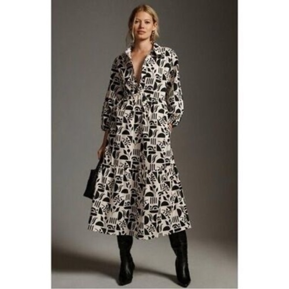 Maeve Anthropologie Bettina Tiered Midi Shirt Dress Black White Abstract XL